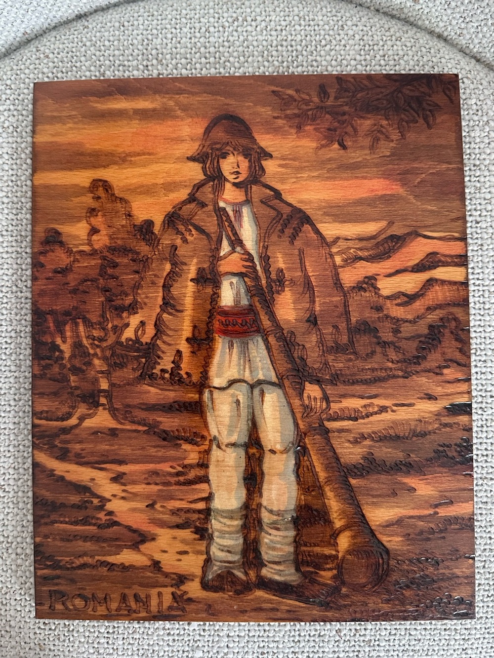 Roma Brown and Cream Romanian Folk Pyrography Panel